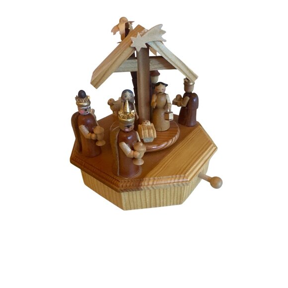 Handcrafted Wooden Nativity Scene Music Box  Palm Trees & Figures Silent Night - Picture 7 of 7